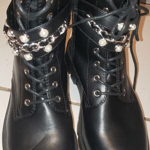 Elegant Black Women's Combat Boots with Chain Detail